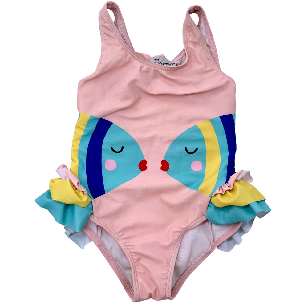 Adorable Sweetness Kissing Fish Swimsuit Girls 3-4T Pink Excellent Ruffle Cutout
